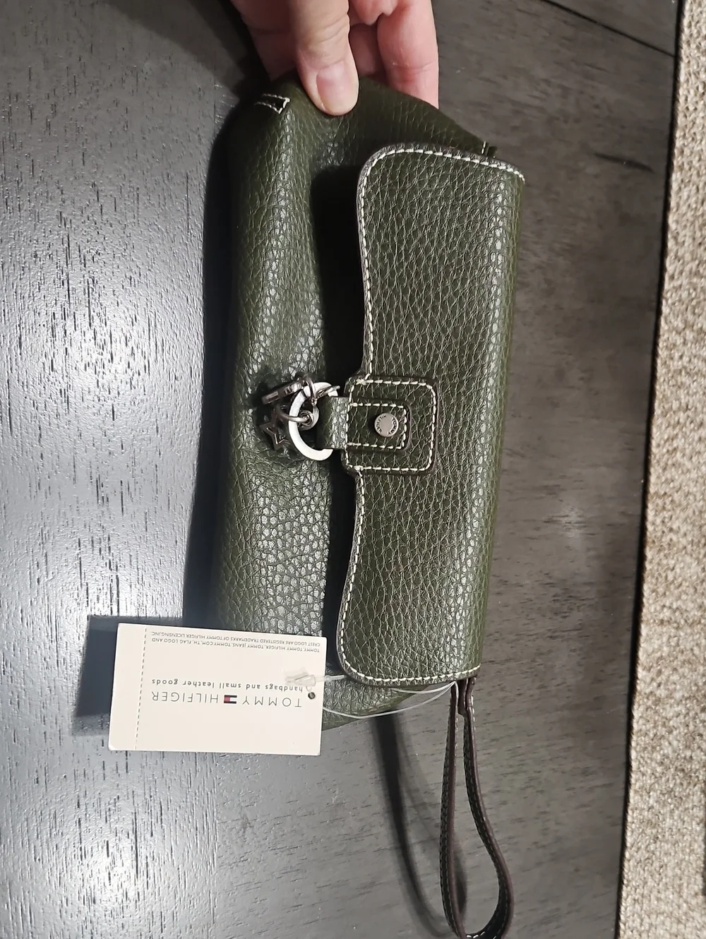 Tommy Hilfiger Olive Green Pebbled Leather Wristlet